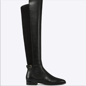 Tory Burch Wyatt Over-the-Knee Tall Boots in Black Leather/Suede with Logo